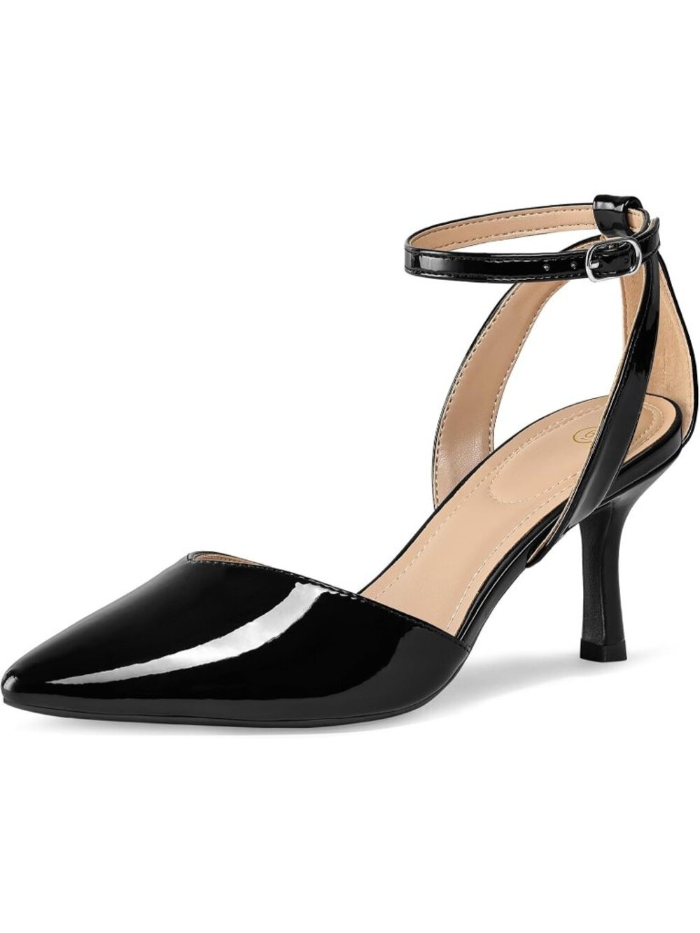 Women's Black Patent Comfortable Closed Toe Adjustable Ankle Strap Kitten Heels